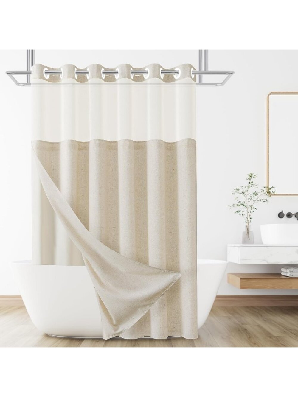 Natural Linen Shower Curtain - No Hooks, 75 Inches, Stylish Bathroom Decor